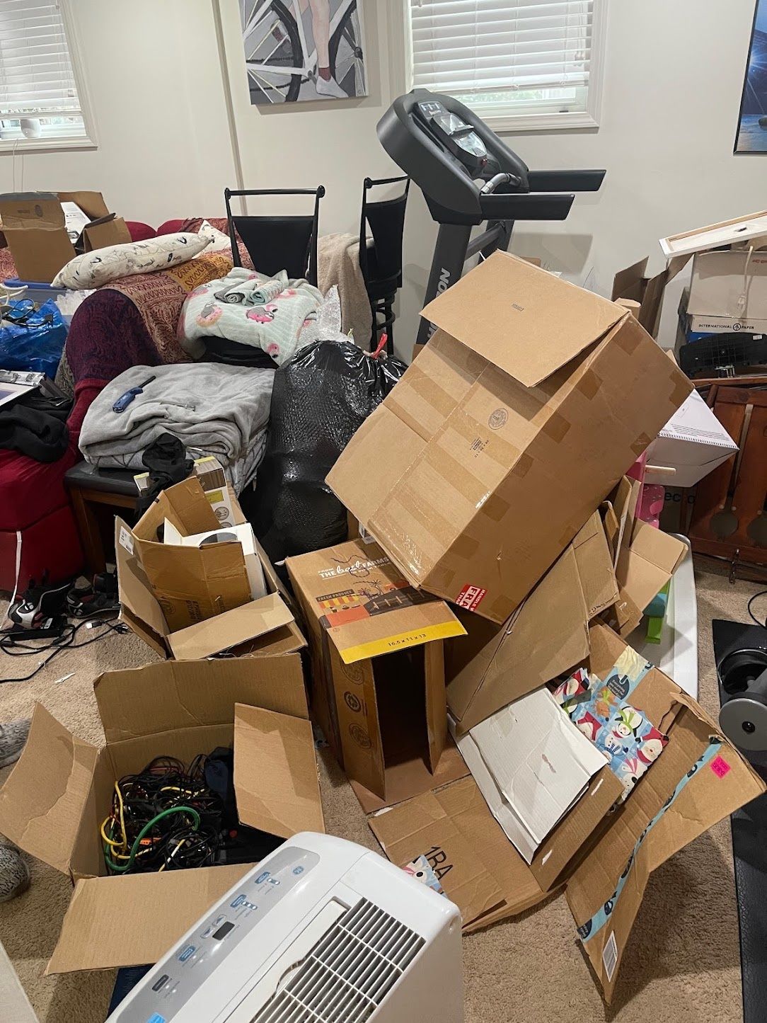A room full of boxes, furniture and a treadmill before cleanout